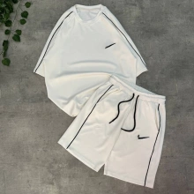 Tek Şerit Unisex Oversize Şortlu Takım - Beyaz