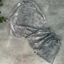 Yeni Sezon Yıkamalı Unisex Şortlu Takım - Gri