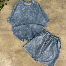 Yeni Sezon Yıkamalı Unisex Şortlu Takım - Bebe Mavisi