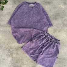 Yeni Sezon Yıkamalı Unisex Şortlu Takım - Mor