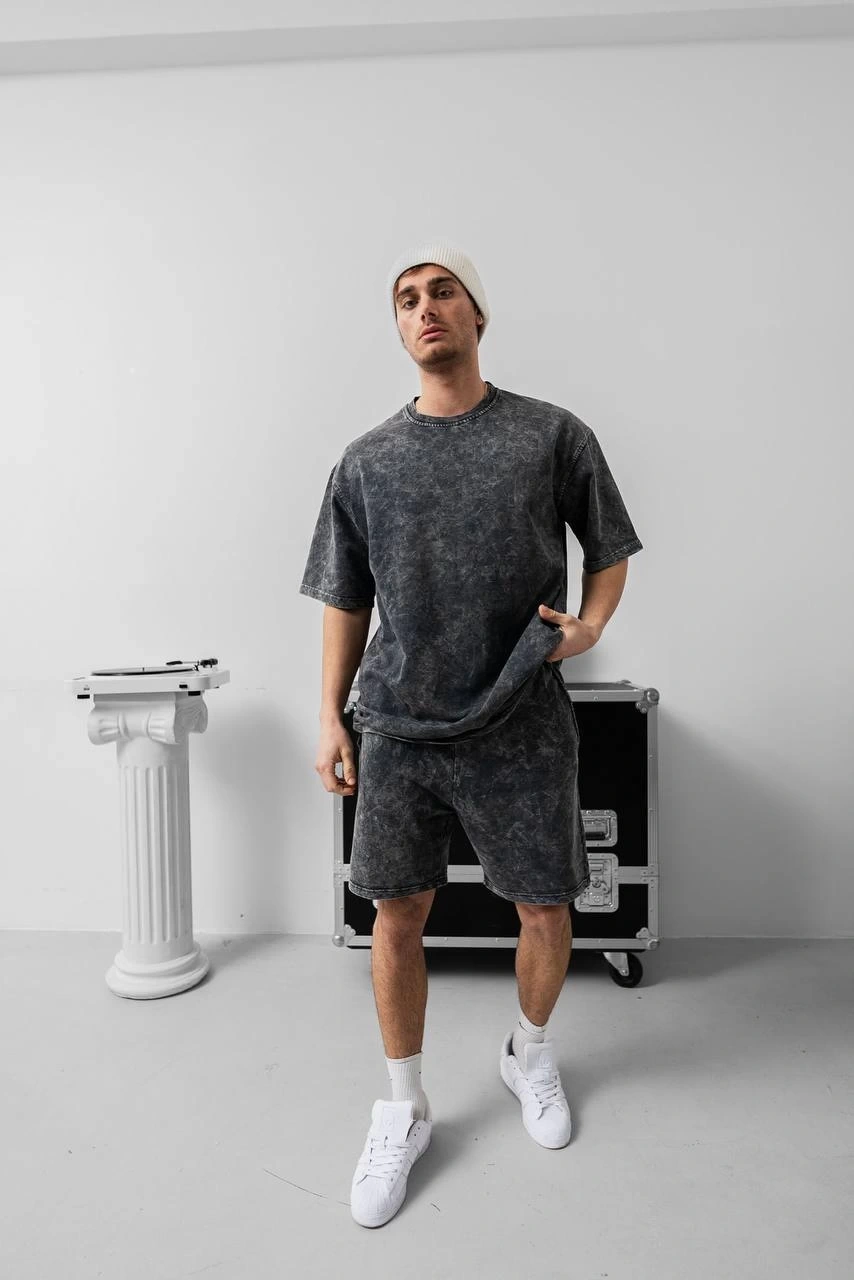Yeni Sezon Yıkamalı Unisex Şortlu Takım - SİYAH