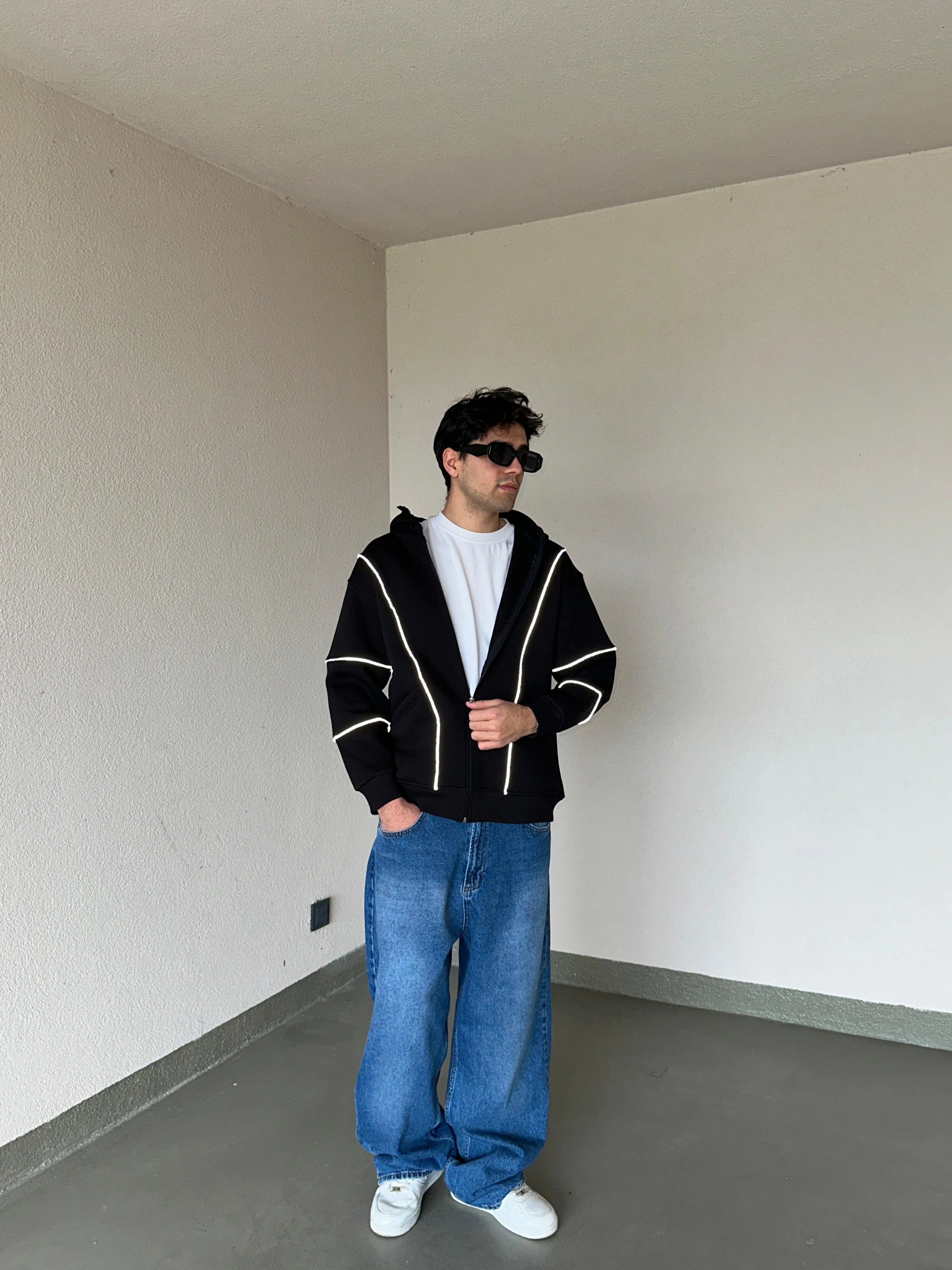 Reflektör Detay Hoddie Hırka Siyah