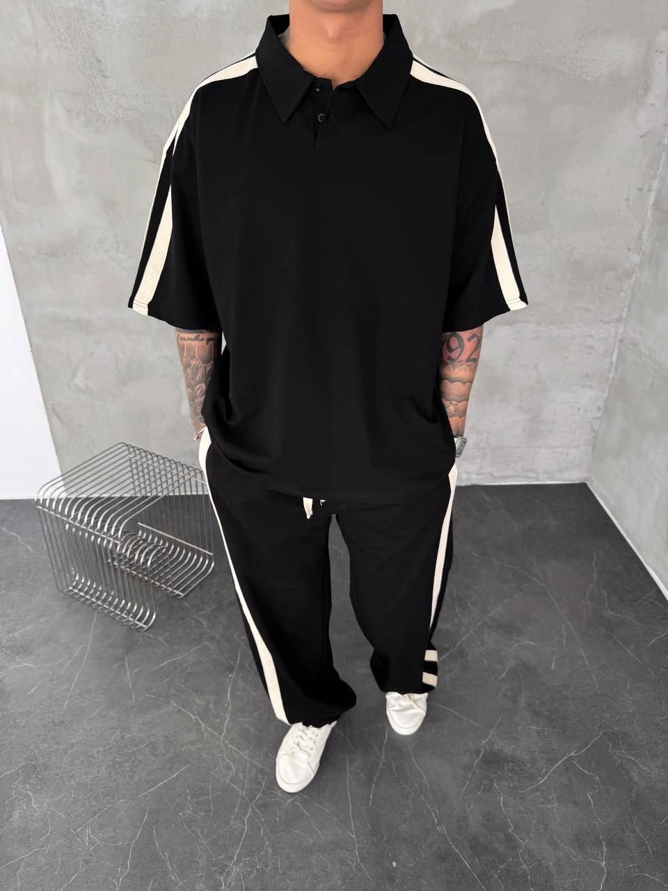 Yan Şerit Oversize Eşofman Takım Siyah