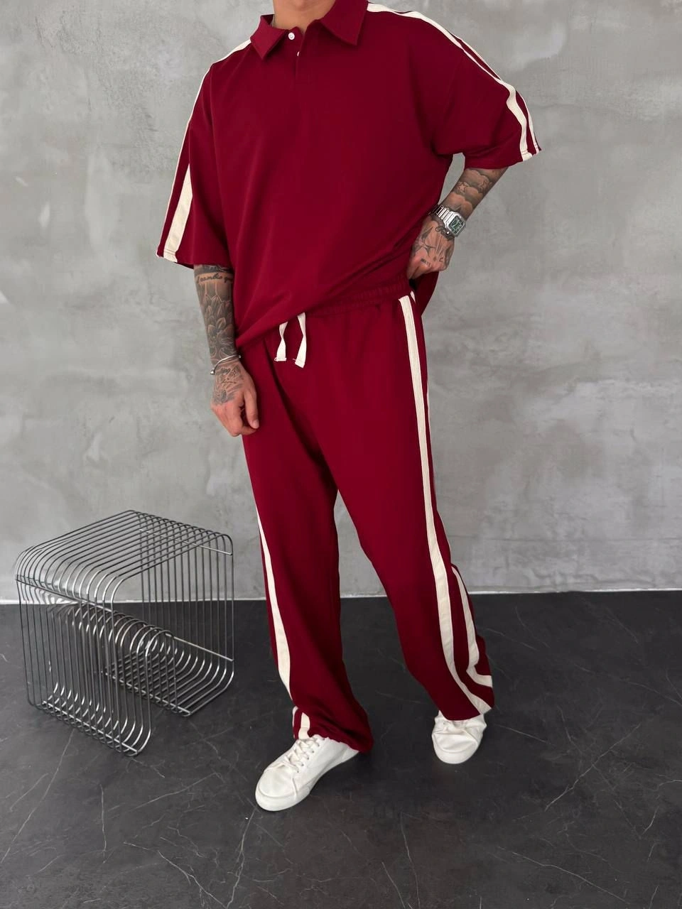 Yan Şerit Oversize Eşofman Takım Kırmızı