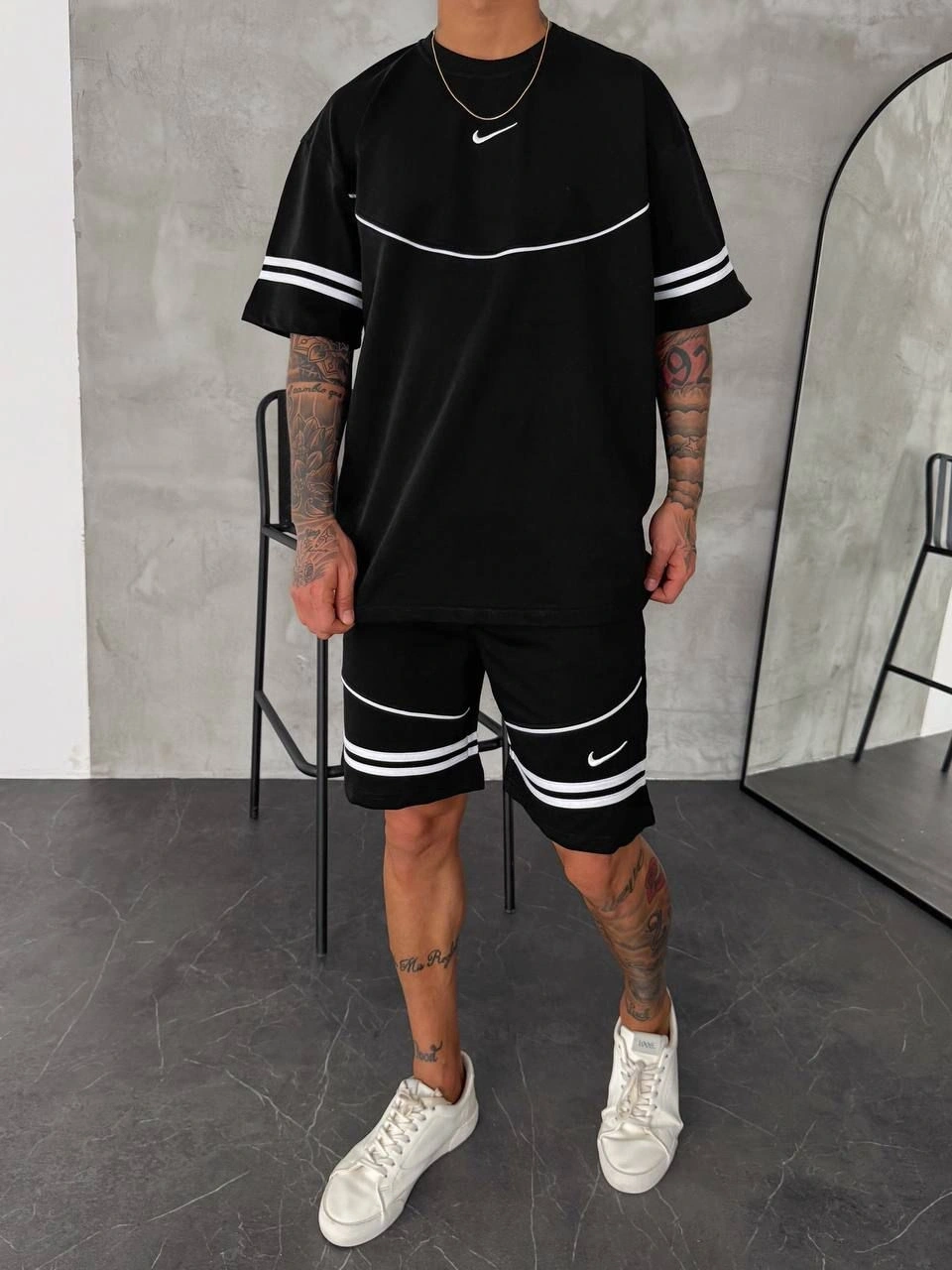 Şerit Detay Oversize Şortlu Takım Siyah