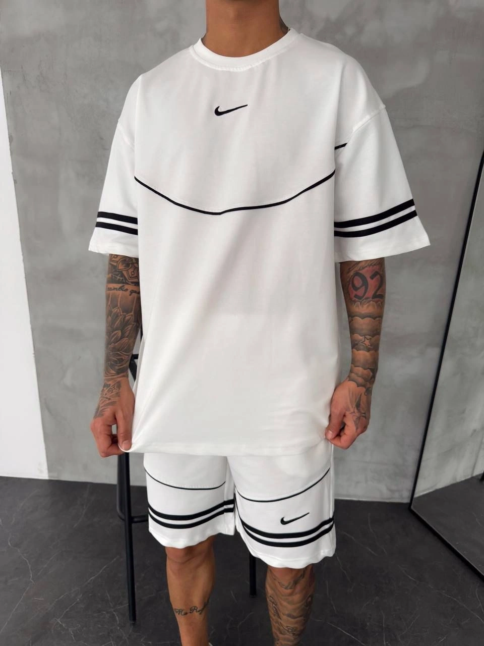 Şerit Detay Oversize Şortlu Takım Beyaz