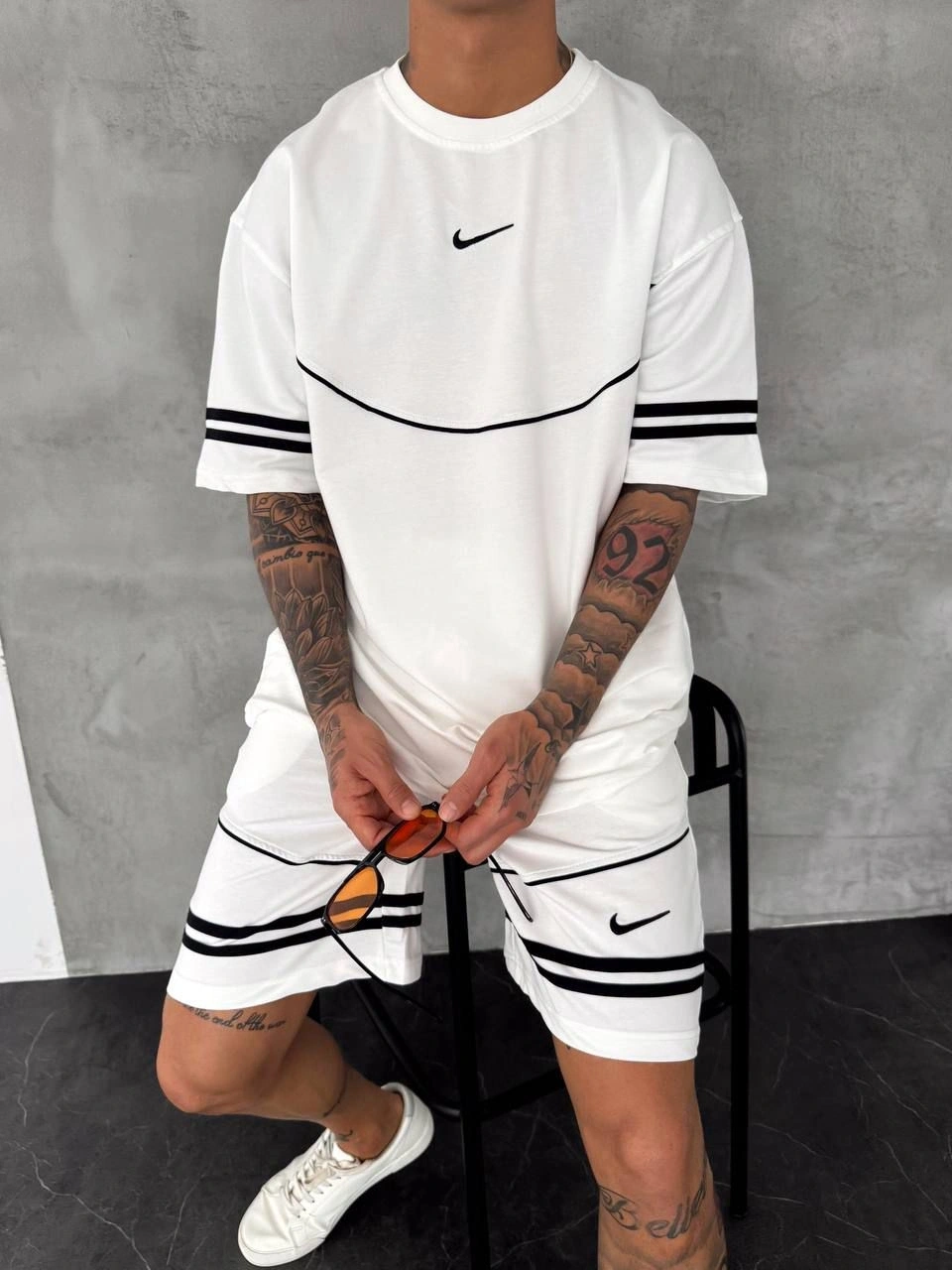 Şerit Detay Oversize Şortlu Takım Beyaz