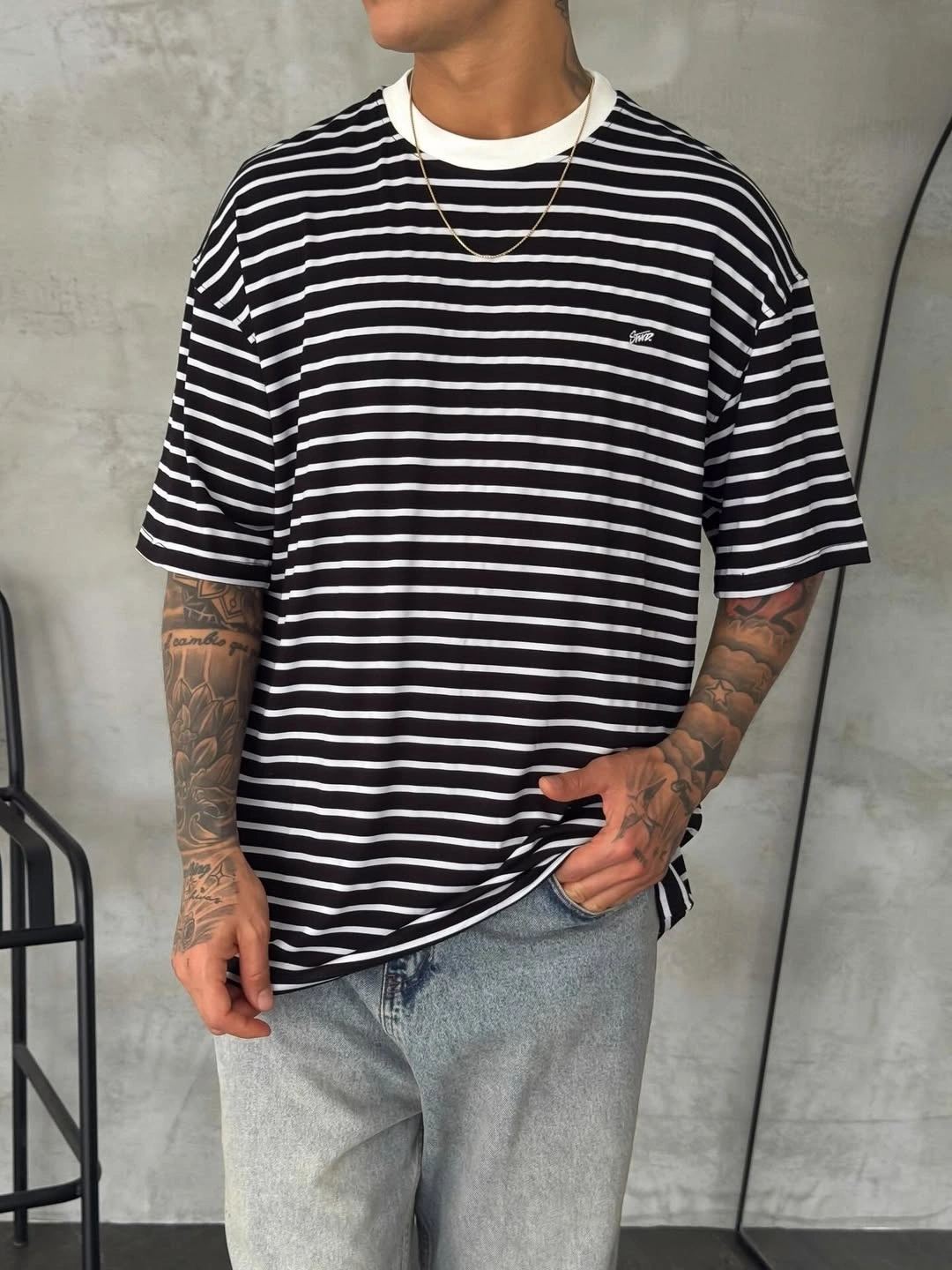 Sw Çizgili Nakış Tshirt Siyah