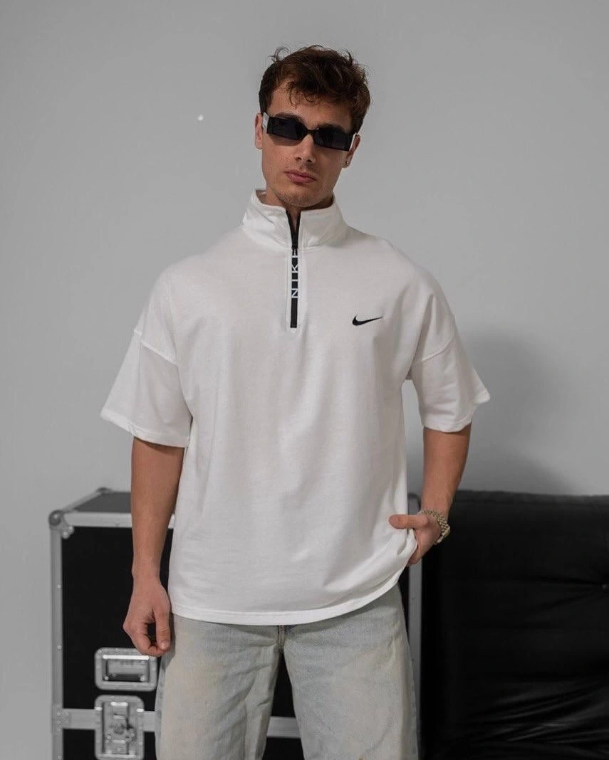 Dik Yaka NK Unisex Oversize Tshirt - Beyaz