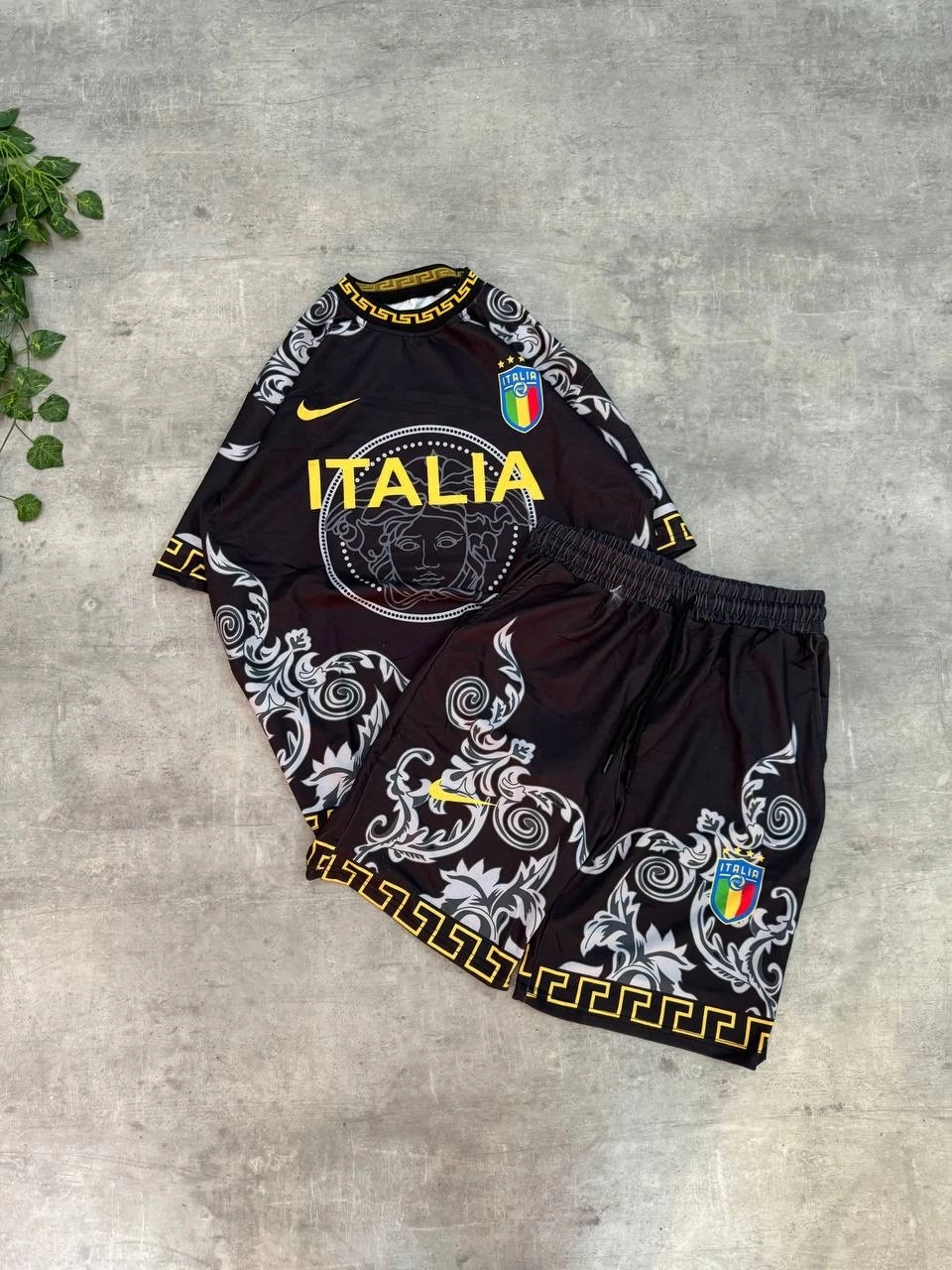 İTALİA Desenli Unisex Oversize Şortlu takım -Siyah