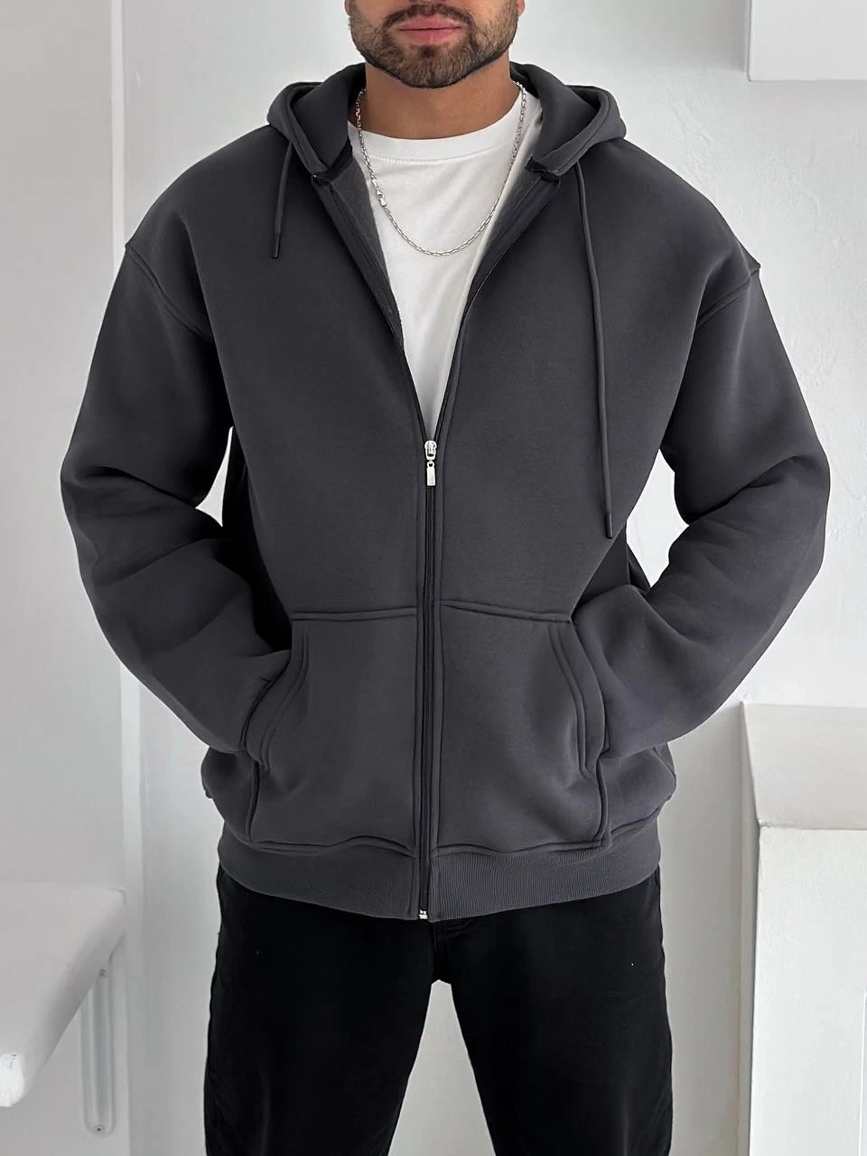 Kapüşonlu Oversize Hırka - Gri