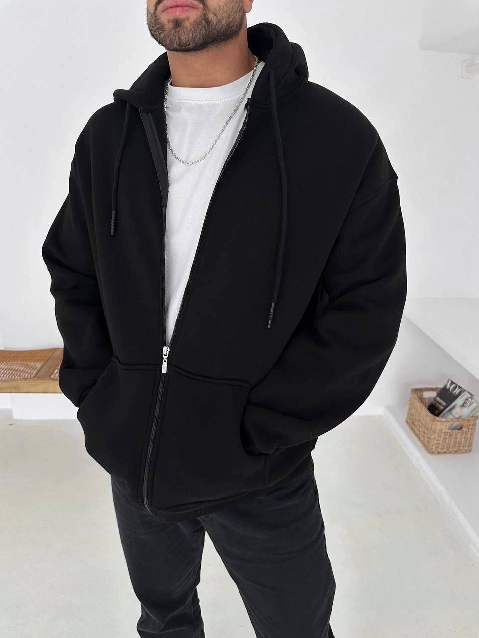 Kapüşonlu Oversize Hırka - Syiah