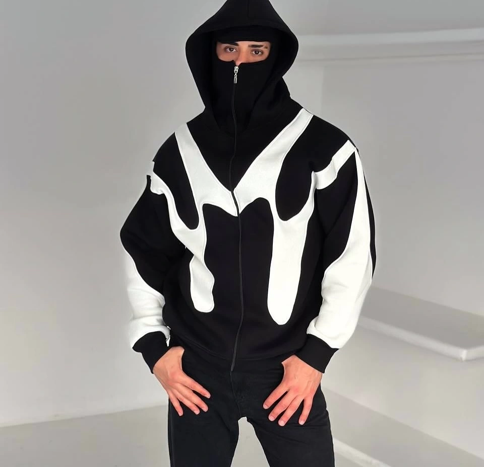 Parçalı Kar Maske Oversize Hırka Siyah