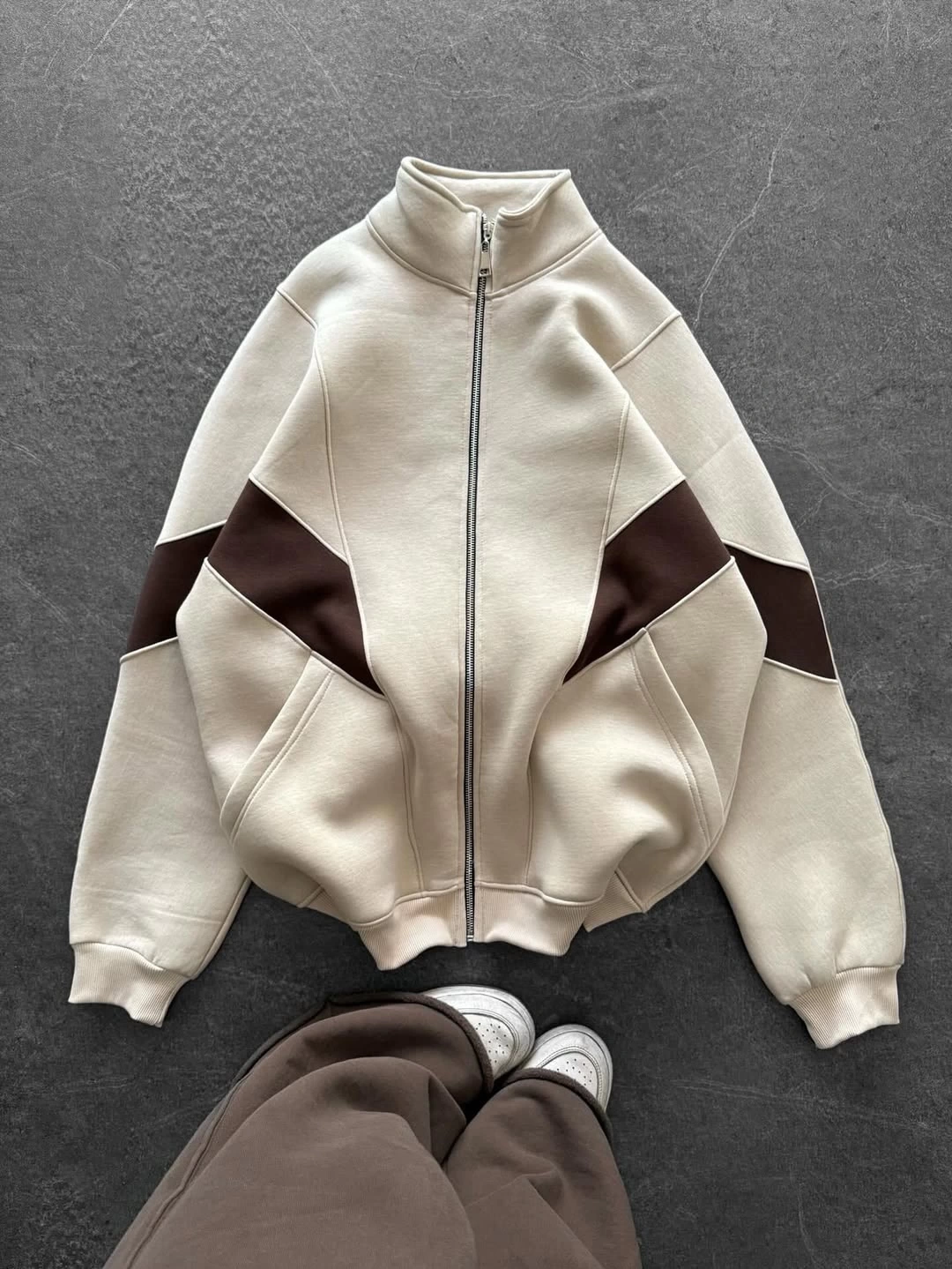 Parçalı Oversize Hırka - Bej