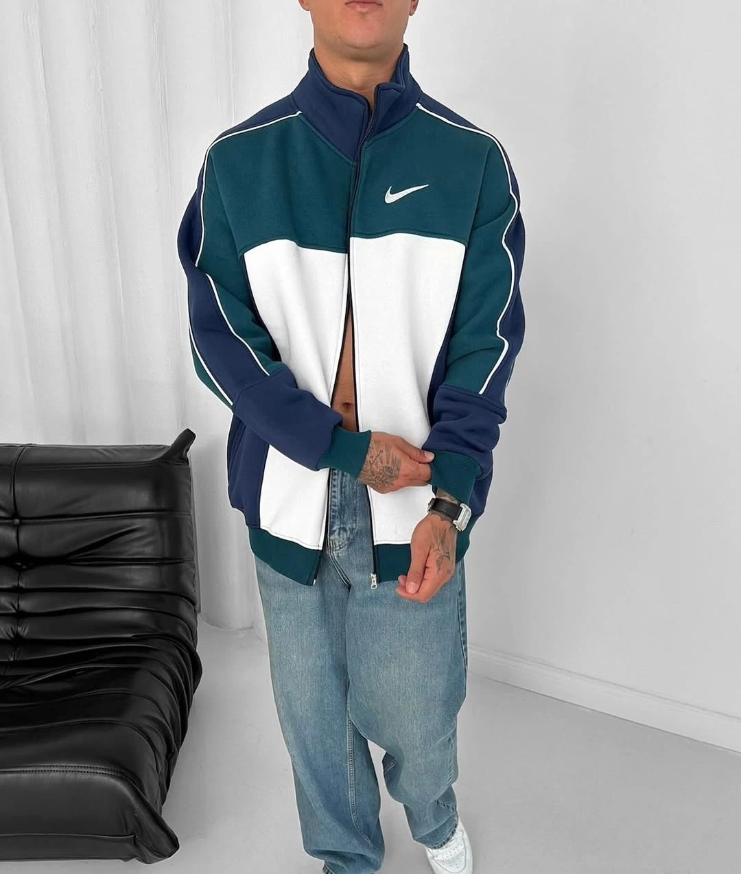 Parçalı Şardonlu Oversize Hırka - SuYeşili