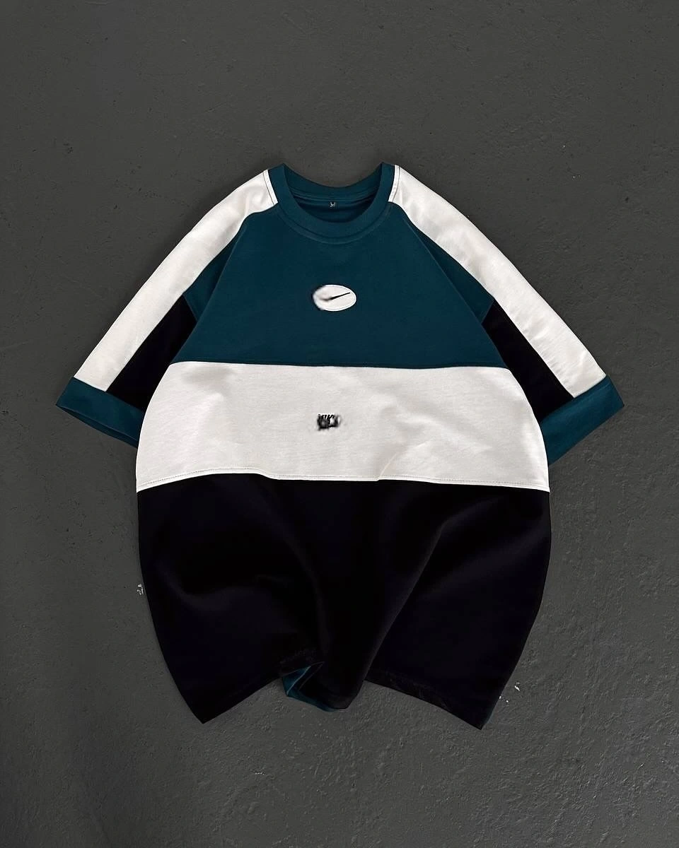 Parçalı Unisex Oversize Tshirt - Mavi/Siyah