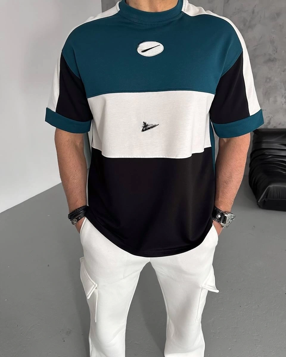 Parçalı Unisex Oversize Tshirt - Mavi/Siyah