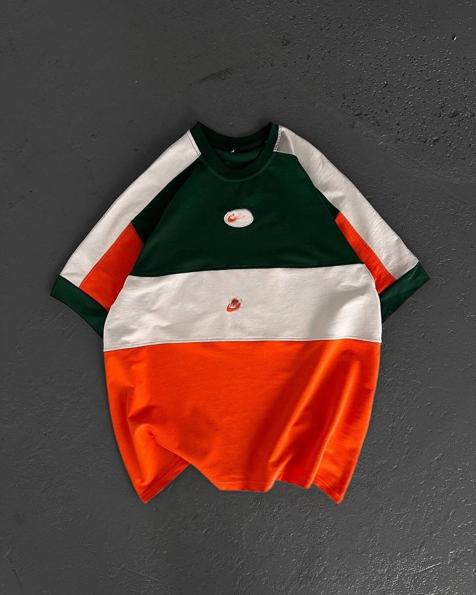 Parçalı Unisex Oversize Tshirt - Yeşil/Turuncu