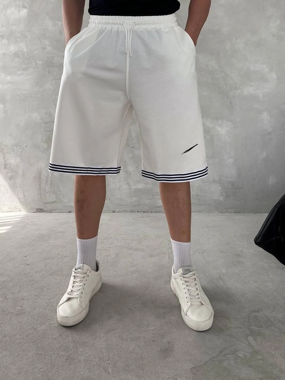 Ribanalı Oversize Şort - beyaz