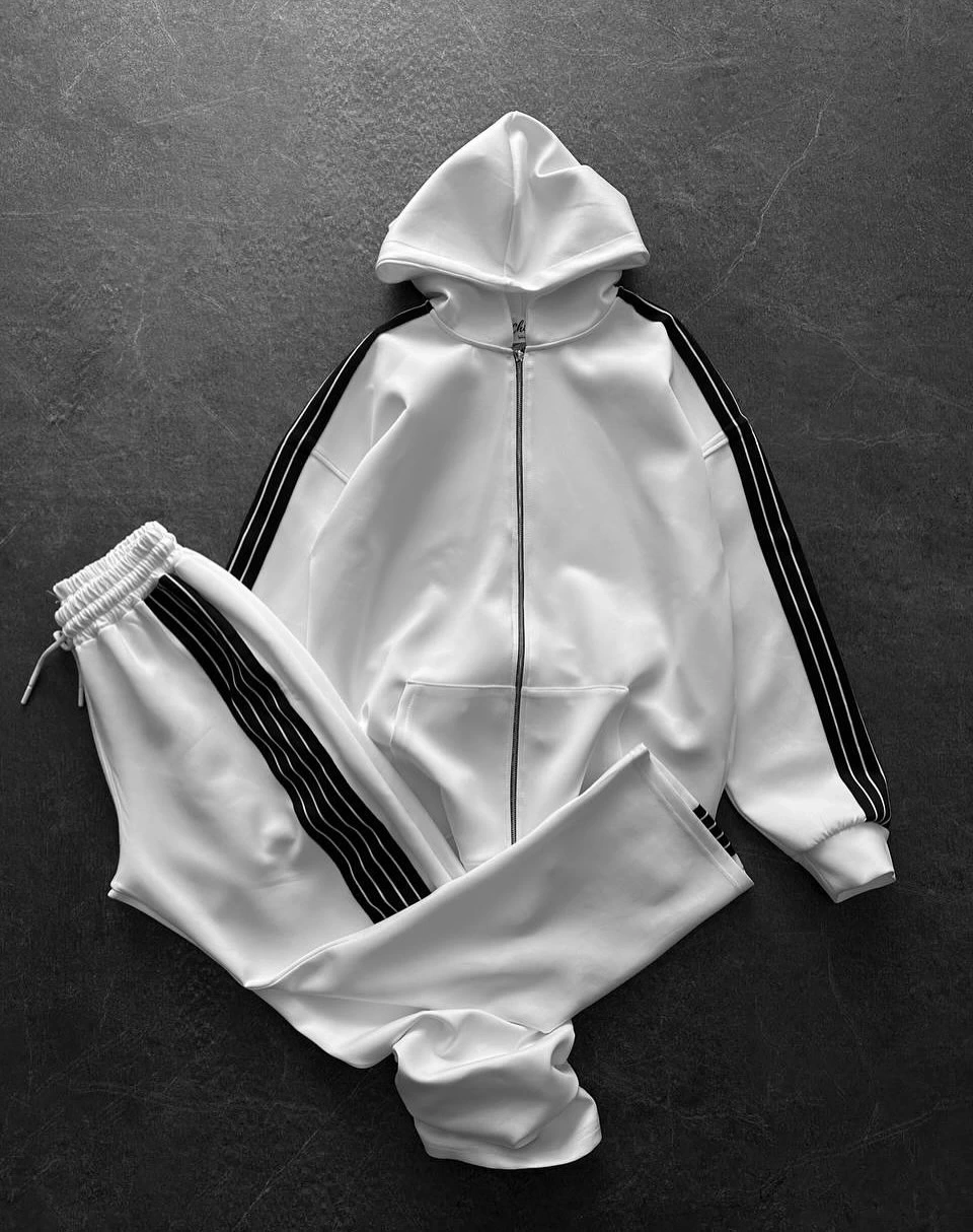 Şeritli Baggy Eşofman Takım - Beyaz