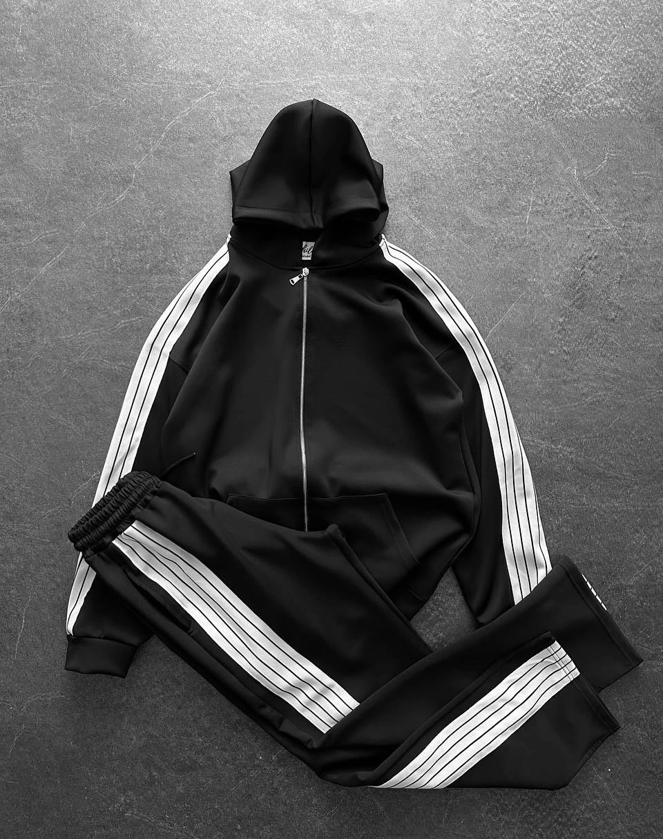 Şeritli Baggy Eşofman Takım - Siyah