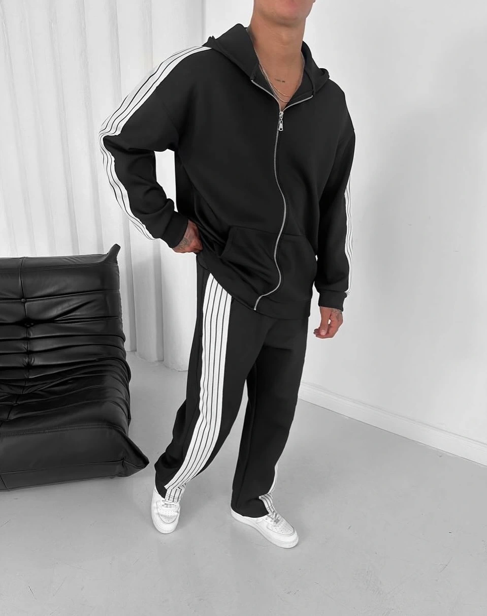 Şeritli Baggy Eşofman Takım - Siyah