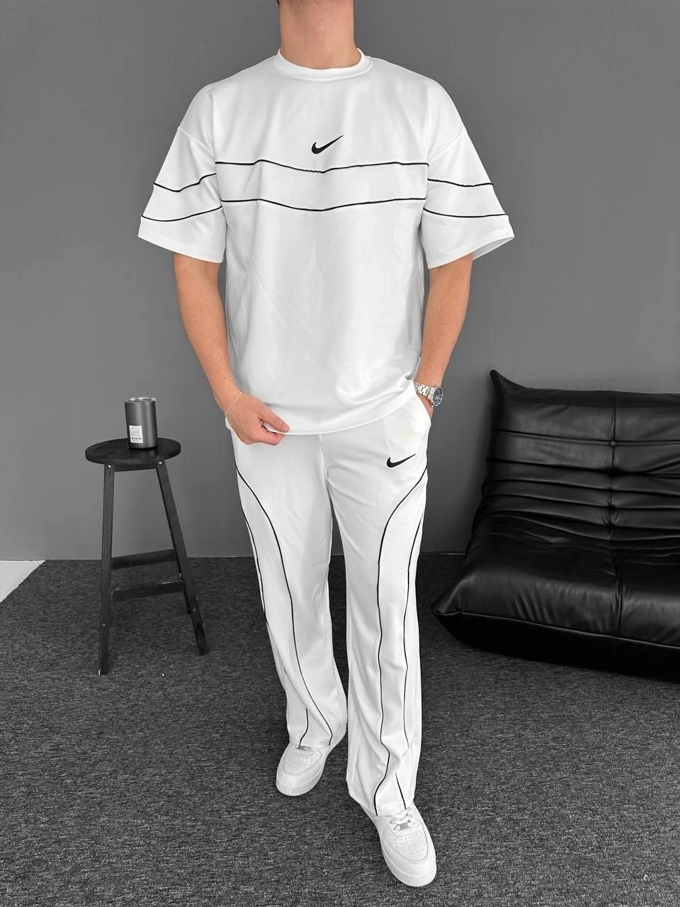 Şeritli Nk Baggy Unisex Eşofman Takımı - Beyaz