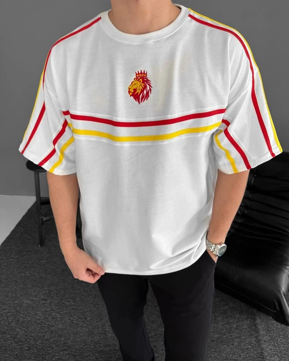 Şeritli Unisex Oversize Tshirt - GS/Beyaz