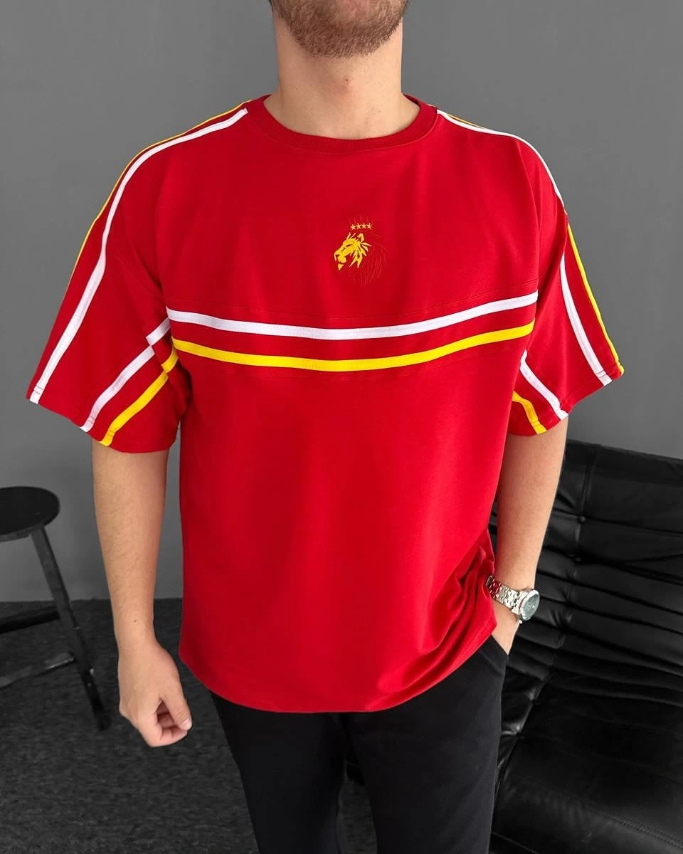 Şeritli Unisex Oversize Tshirt - GS/Kırmızı
