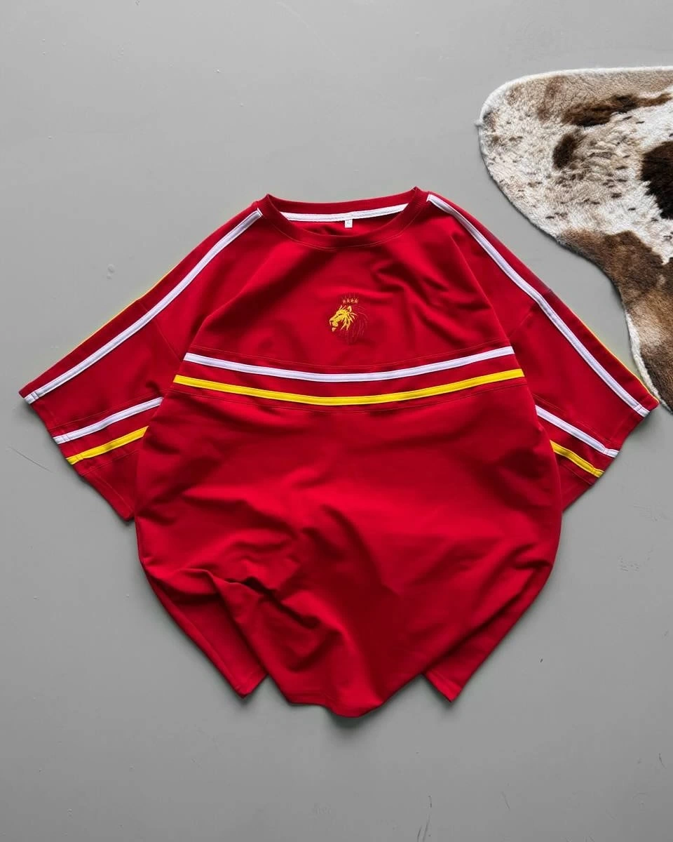 Şeritli Unisex Oversize Tshirt - GS/Kırmızı