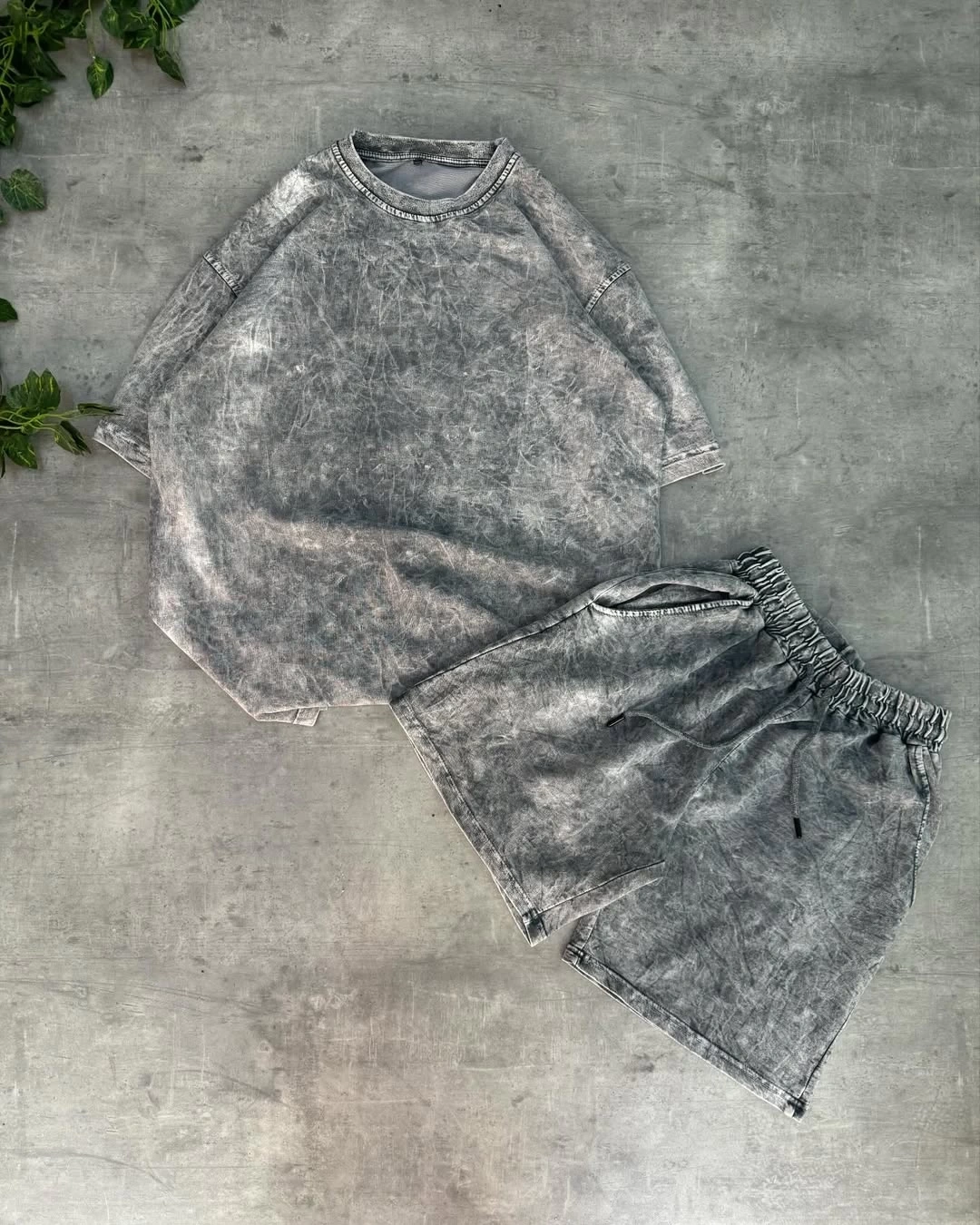 Yeni Sezon Yıkamalı Unisex Şortlu Takım - Gri