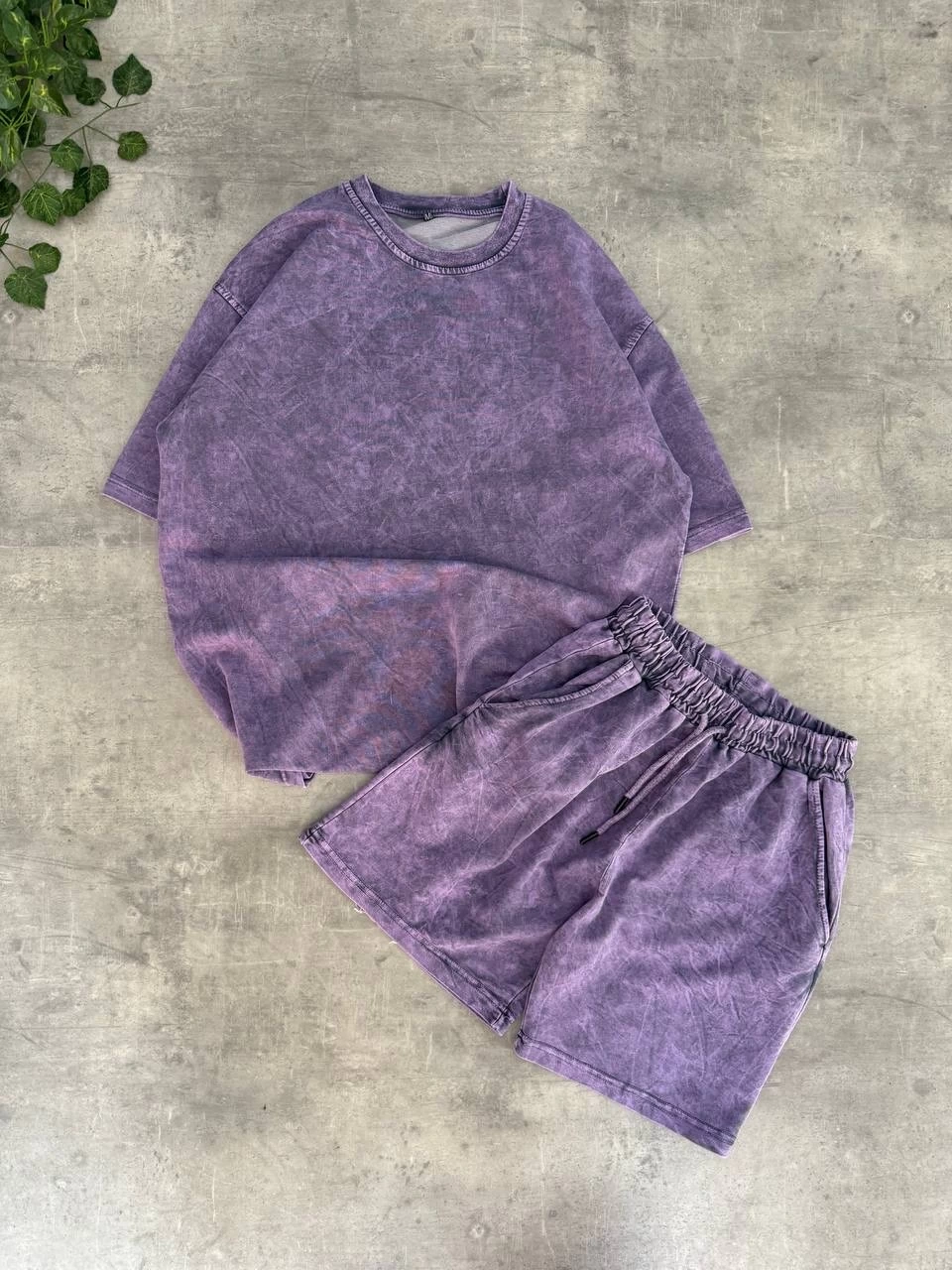 Yeni Sezon Yıkamalı Unisex Şortlu Takım - Mor