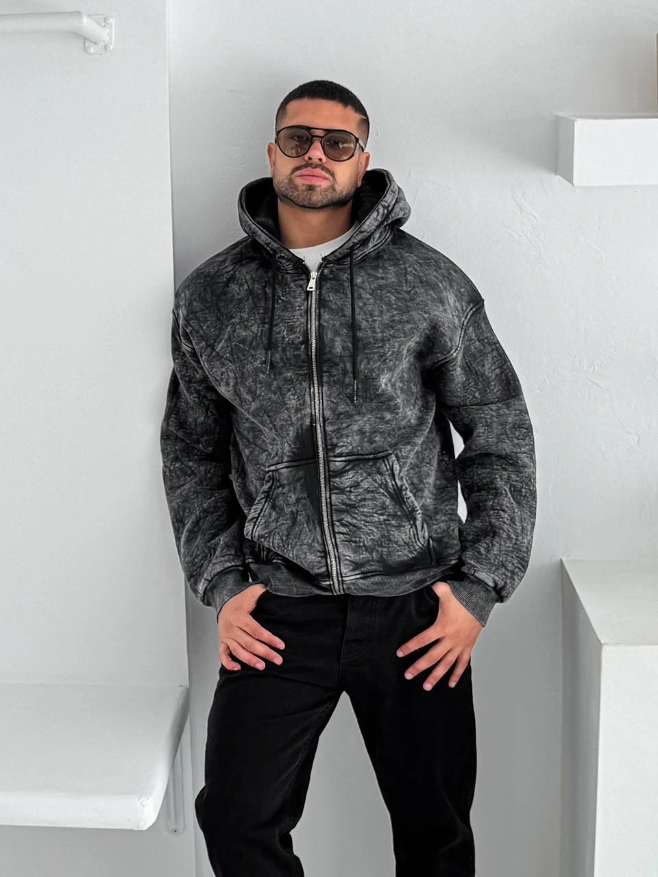 Yıkamalı Oversize Kapüşonlu Hırka