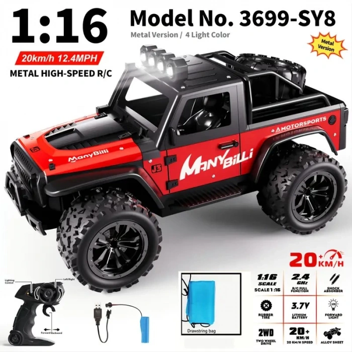 1:16 Off Road Şarjlı RC Uzaktan Kumandalı Renkli Farlar Kırmızı Arazi Aracı 20 Km/s Hızında Hediyelik Oyuncak