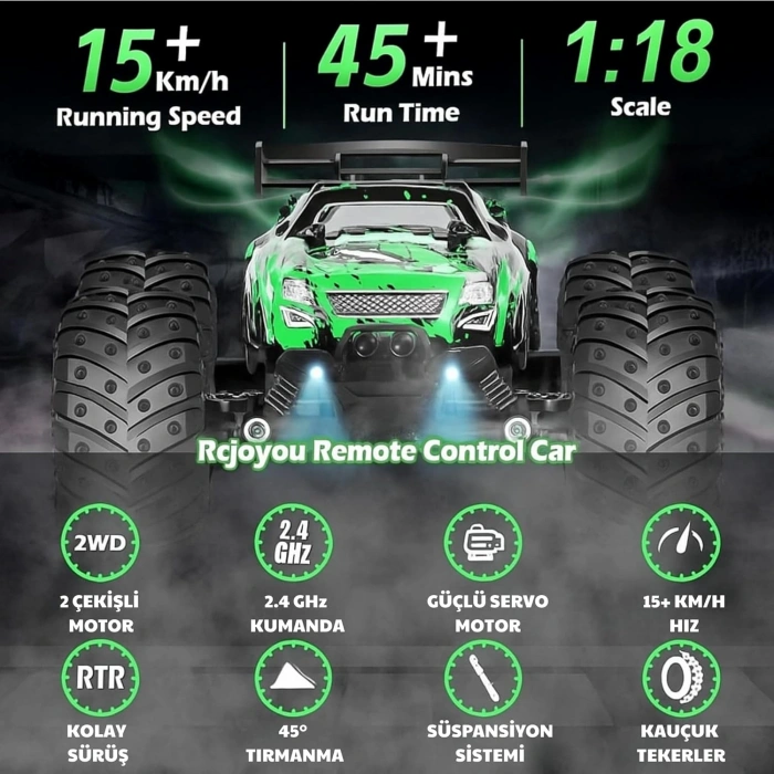 1:18 Off Road 2.4 Ghz Uzaktan Kumandalı Şarjlı LED Işıklı Drift Atan 15 Km/s Hızında Hediyelik Oyuncak