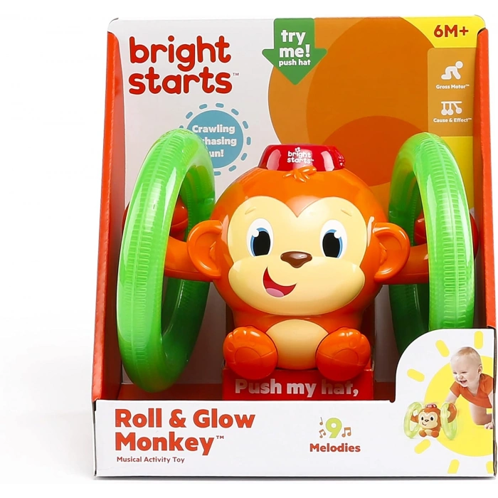 Bright Starts Roll & Glow Monkey 6 Ay ve Üzeri İçin Işıklı ve Sesli Emekleyen Bebek Oyuncağı