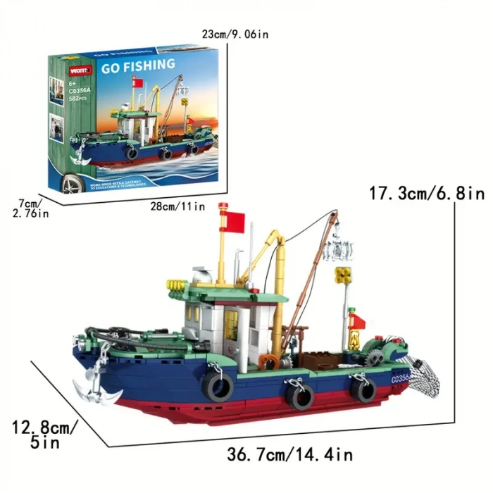 Balıkçı Teknesi Yapım Blokları Seti, Çocuklar için Eğitici Yapım Oyuncağı 582 Parça