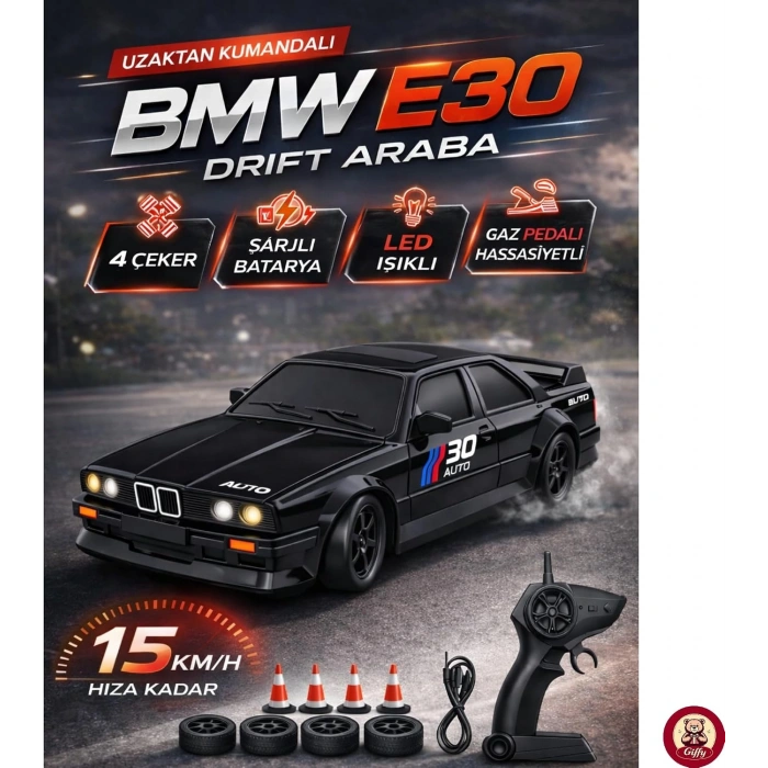 BMW E30 Drift Araba 4x4 Uzaktan Kumandalı Araba 2.4GHz Şarjlı LED Işıklı 15 Km Hız Araba (Siyah)