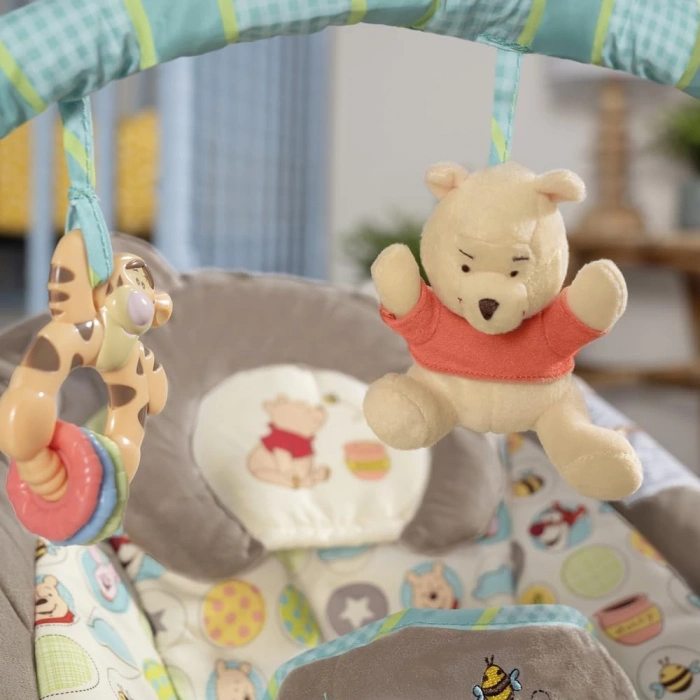 Bright Starts Winnie the Pooh Dots & Hunny Pots Sallanan Bebek Titreşimli Bebek Koltuğu, Müzik ve 3 Farklı Oyun Arkadaşlı