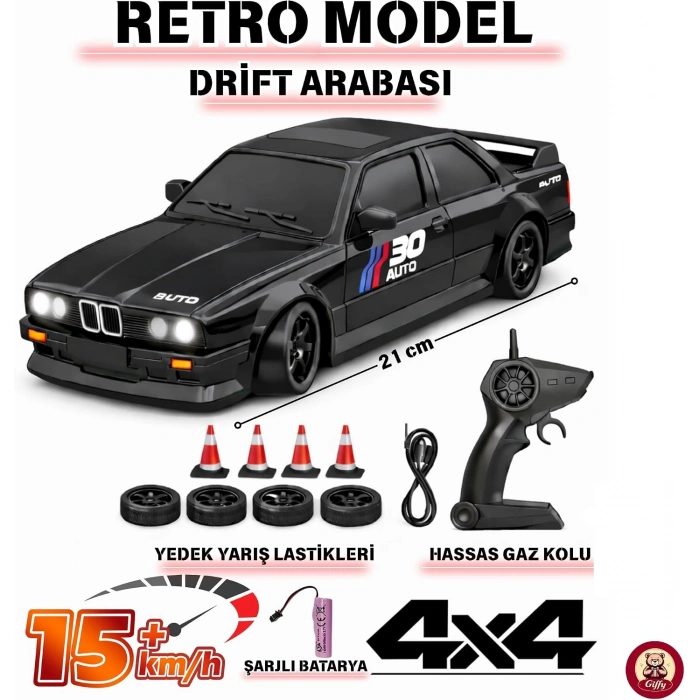 BMW E30 Drift Araba 4x4 Uzaktan Kumandalı Araba 2.4GHz Şarjlı LED Işıklı 15 Km Hız Araba (Siyah)