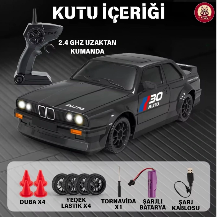 BMW E30 Drift Araba 4x4 Uzaktan Kumandalı Araba 2.4GHz Şarjlı LED Işıklı 15 Km Hız Araba (Siyah)