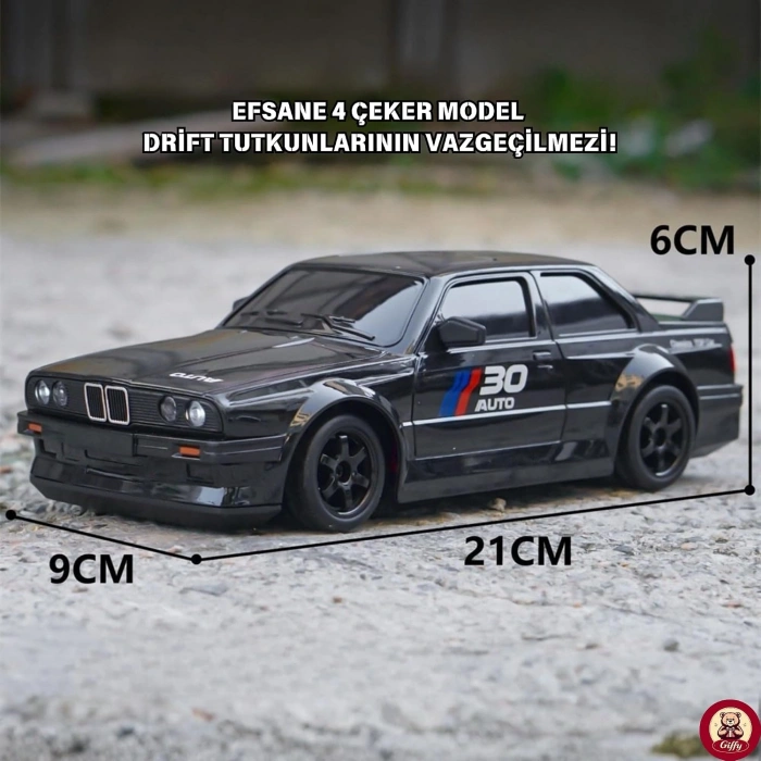 BMW E30 Drift Araba 4x4 Uzaktan Kumandalı Araba 2.4GHz Şarjlı LED Işıklı 15 Km Hız Araba (Siyah)