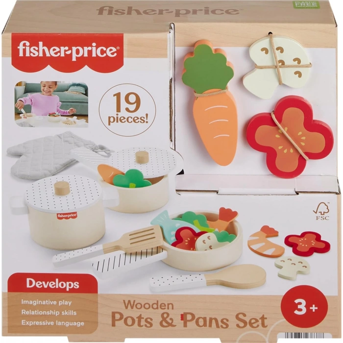 Fisher-Price Ahşap Mutfak Seti Okul öncesi çağdaki çocuklar için 19 parçalı Fisher-Price Ahşap Mutfak Seti HXT83