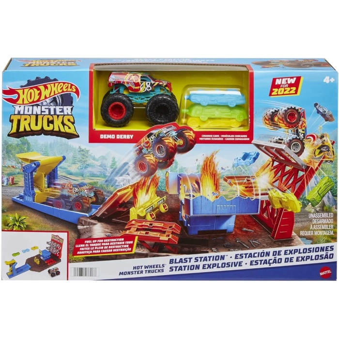 Hot Wheels Monster Trucks Patlama İstasyonu Oyun Seti ve 1 adet 1:64 ölçekli HW Demo Derby ile 3 adet parçalanabilen araba, fırlatıcı, efsane ezme ve çarpma eğlencesi, 4-8 yaş HFB12