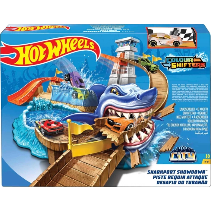 Hot Wheels Renk Değiştiren Araçlar Sharky Oyun Seti - Köpek Balığı Temalı, Havuz, Su Tankı ve 1 Adet Araba Dahil - BGK04