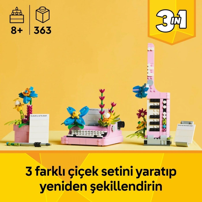 LEGO Creator 3’ü 1 Arada Çiçekli Daktilo 31169-8 Yaş ve Üzeri Çocuklar için Keytar veya Saksıya Dönüşebilen Yaratıcı Oyuncak Yapım Seti, Doğum Günü Hediyesi (363 Parça)