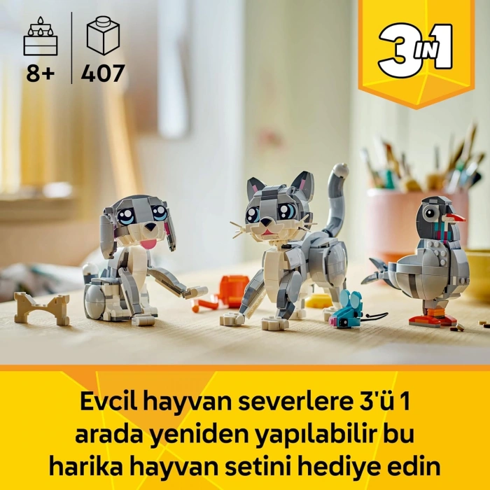 LEGO Creator 3’ü 1 Arada Oyunbaz Kedi 31163-8 Yaş ve Üzeri Çocuklar için Köpek veya Güvercin Figürüne Dönüşebilen Oyuncak Yapım Seti, Doğum Günü Hediyesi (407 Parça)