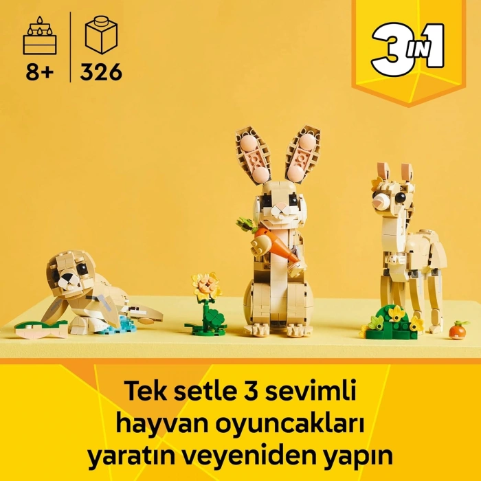 LEGO Creator 3’ü 1 Arada Sevimli Tavşan 31162-8 Yaş ve Üzeri Çocuklar için Lama ve Fok Figürüne Dönüşebilen Yaratıcı Oyuncak Yapım Seti, Doğum Günü Hediyesi (326 Parça)