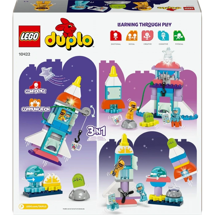 LEGO DUPLO 3’ü 1 Arada Uzay Mekiği Macerası 10422-3 Yaş ve Üzeri Çocuklar için Astronot Minifigürü İçeren Eğitici Oyuncak Yapım Seti, Doğum Günü Hediyesi Fikri (58 Parça)