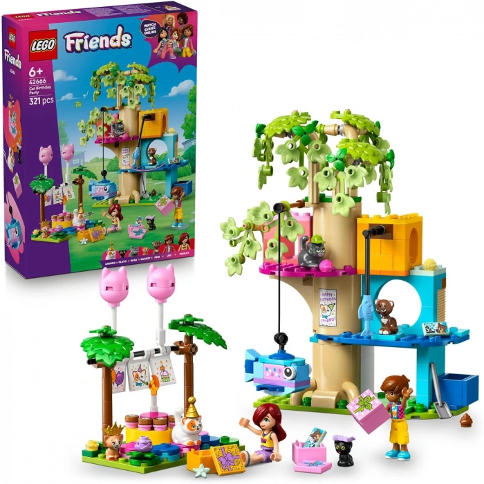 LEGO Friends Kedi Doğum Günü Partisi ve Ağaç Ev 42666 - 6 Yaş ve Üzeri Hayvansever Çocuklar için Yaratıcı Oyuncak Yapım Seti, Doğum Günü ve Özel Gün Hediye Fikri (321 Parça)